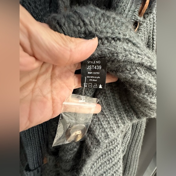 POL Gray Hooded chunky wool Cardigan Coat M Lagenlook Cottagecore Elbow Patch - Picture 6 of 6